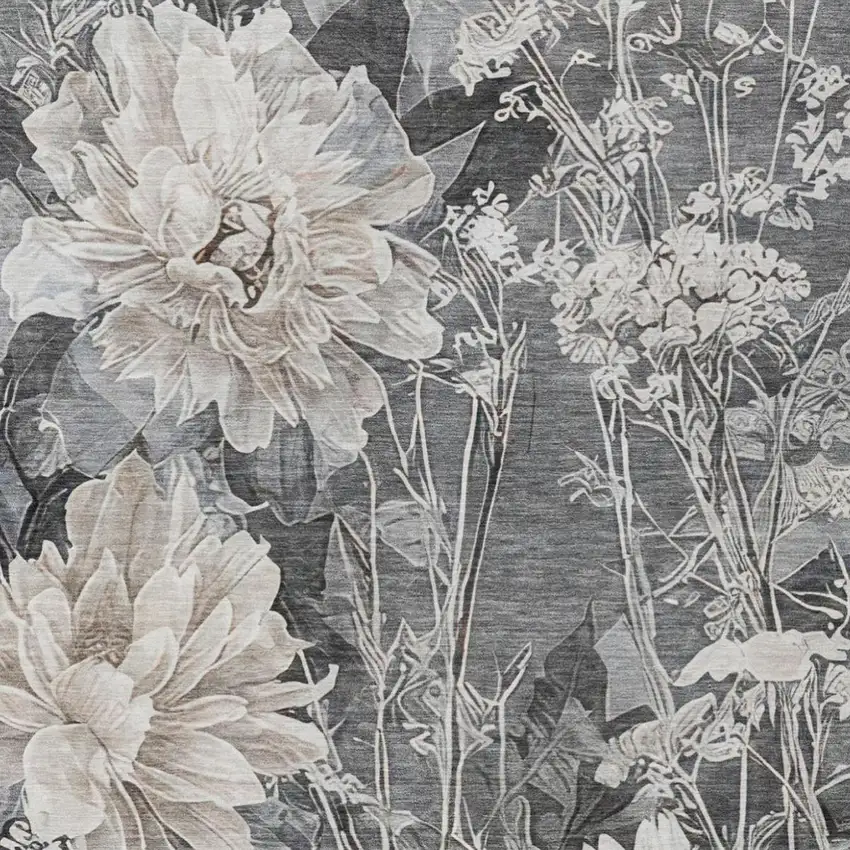 Gray And Silver Floral Washable Indoor Outdoor Area Rug Photo 3