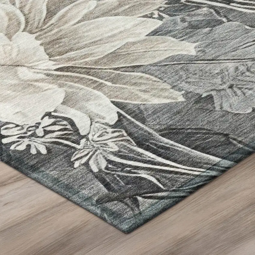 Gray And Silver Floral Washable Indoor Outdoor Area Rug Photo 4