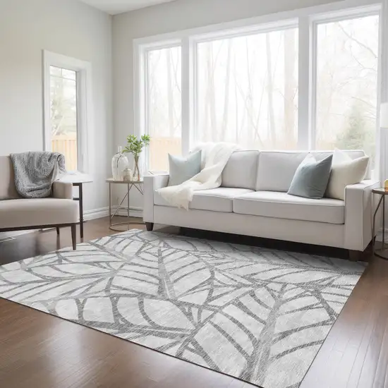 Gray And Silver Floral Washable Indoor Outdoor Area Rug Photo 7