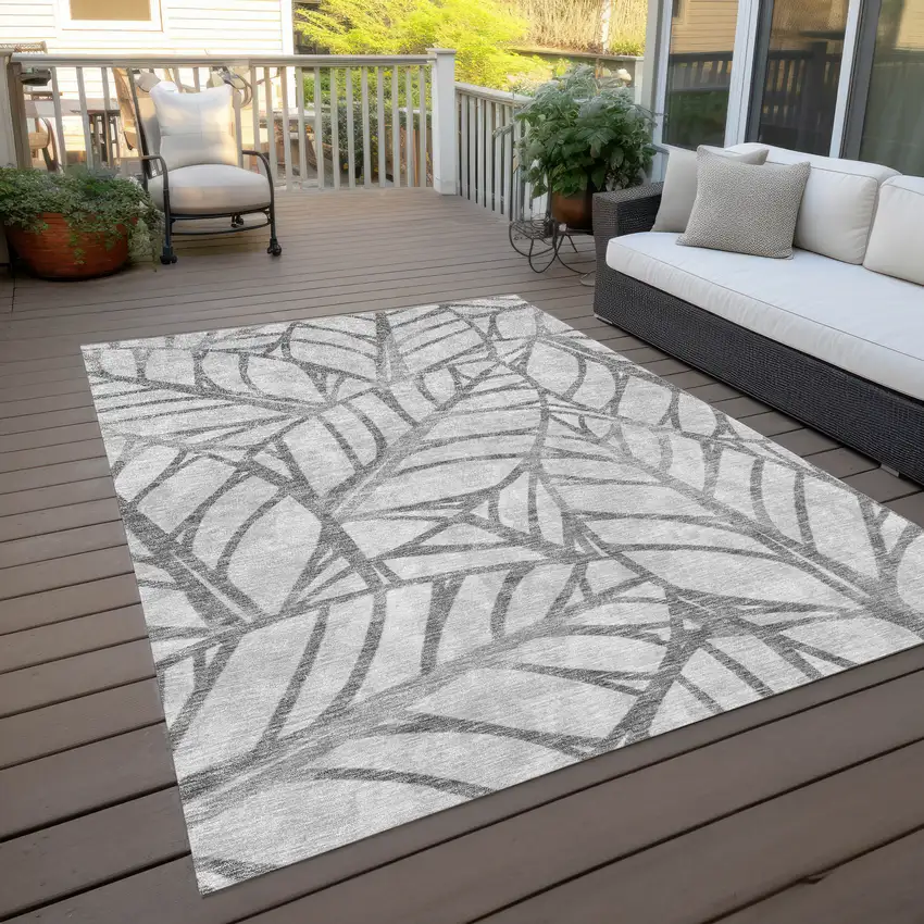 Gray And Silver Floral Washable Indoor Outdoor Area Rug Photo 8