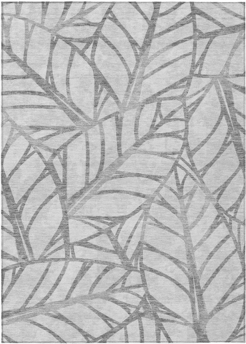Gray And Silver Floral Washable Indoor Outdoor Area Rug Photo 1
