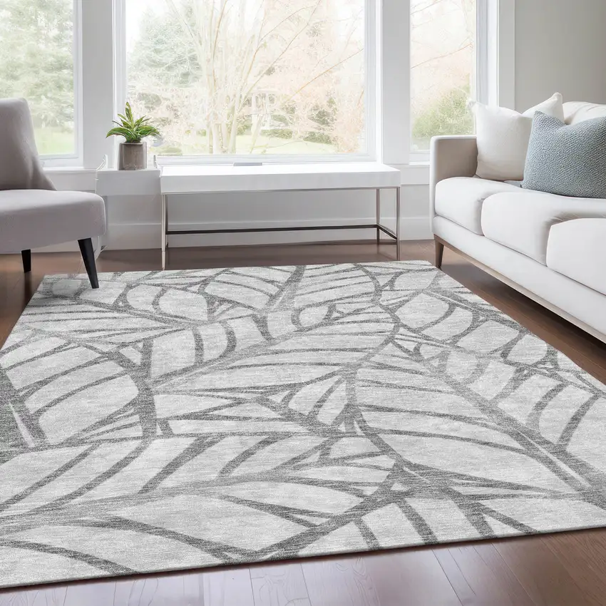 Gray And Silver Floral Washable Indoor Outdoor Area Rug Photo 8