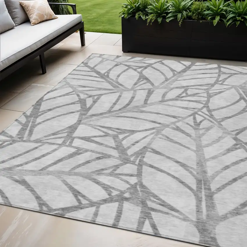 Gray And Silver Floral Washable Indoor Outdoor Area Rug Photo 1