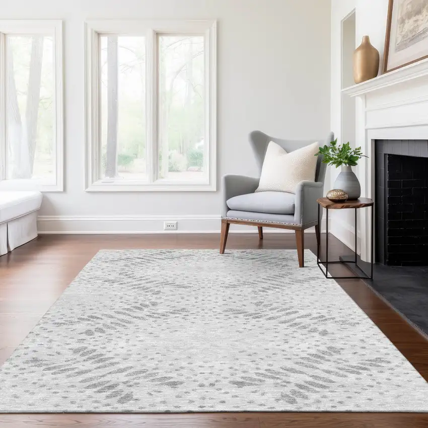 Gray And Silver Floral Washable Indoor Outdoor Area Rug Photo 9