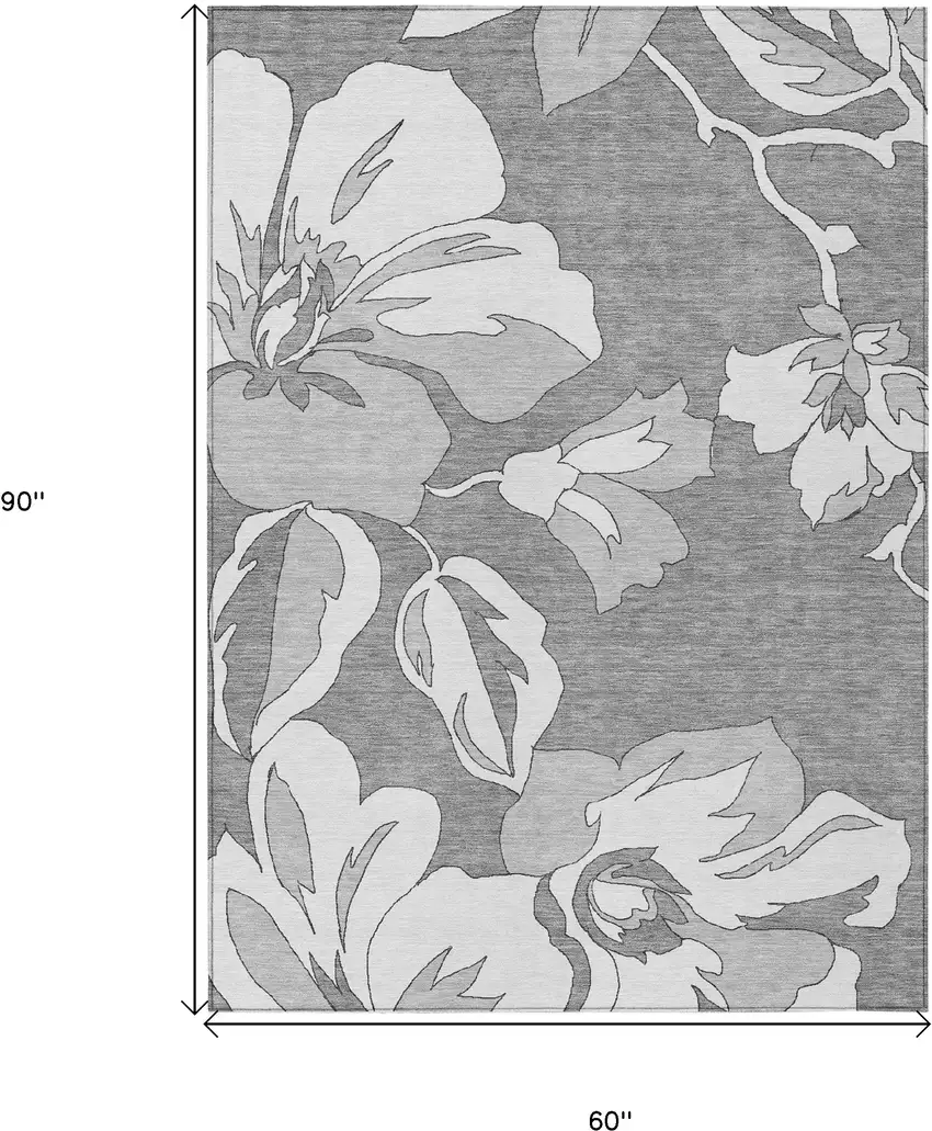 Gray And Silver Floral Washable Indoor Outdoor Area Rug Photo 3