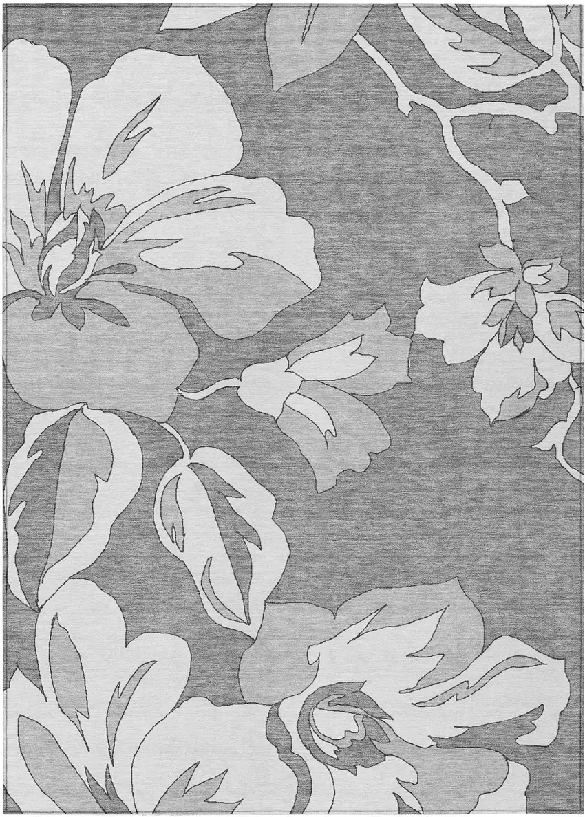 Gray And Silver Floral Washable Indoor Outdoor Area Rug Photo 2