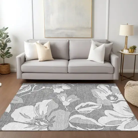 Gray And Silver Floral Washable Indoor Outdoor Area Rug Photo 9