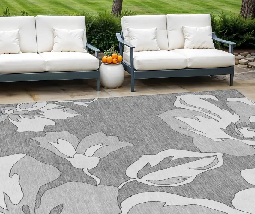 Gray And Silver Floral Washable Indoor Outdoor Area Rug Photo 1
