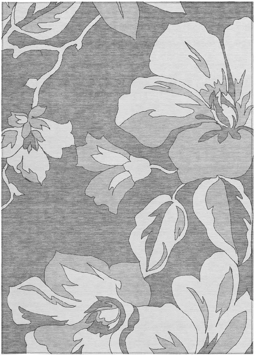 Gray And Silver Floral Washable Indoor Outdoor Area Rug Photo 8