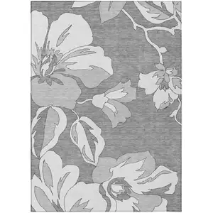 Photo of Gray And Silver Floral Washable Indoor Outdoor Area Rug