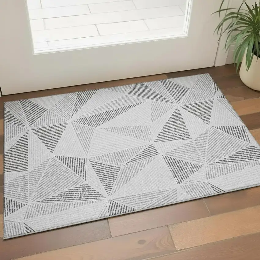 Gray And Silver Geometric Washable Area Rug With UV Protection Photo 1