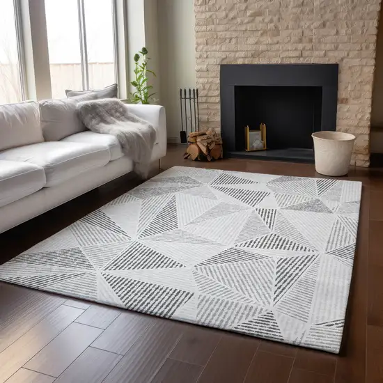 Gray And Silver Geometric Washable Area Rug With UV Protection Photo 6