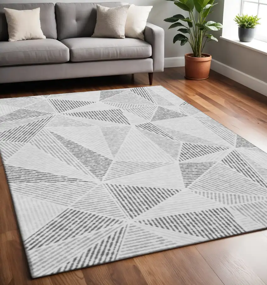 Gray And Silver Geometric Washable Area Rug With UV Protection Photo 2