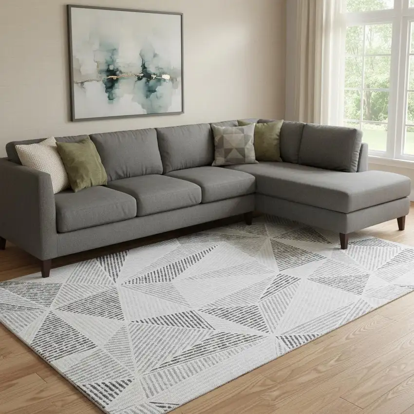 Gray And Silver Geometric Washable Area Rug With UV Protection Photo 2