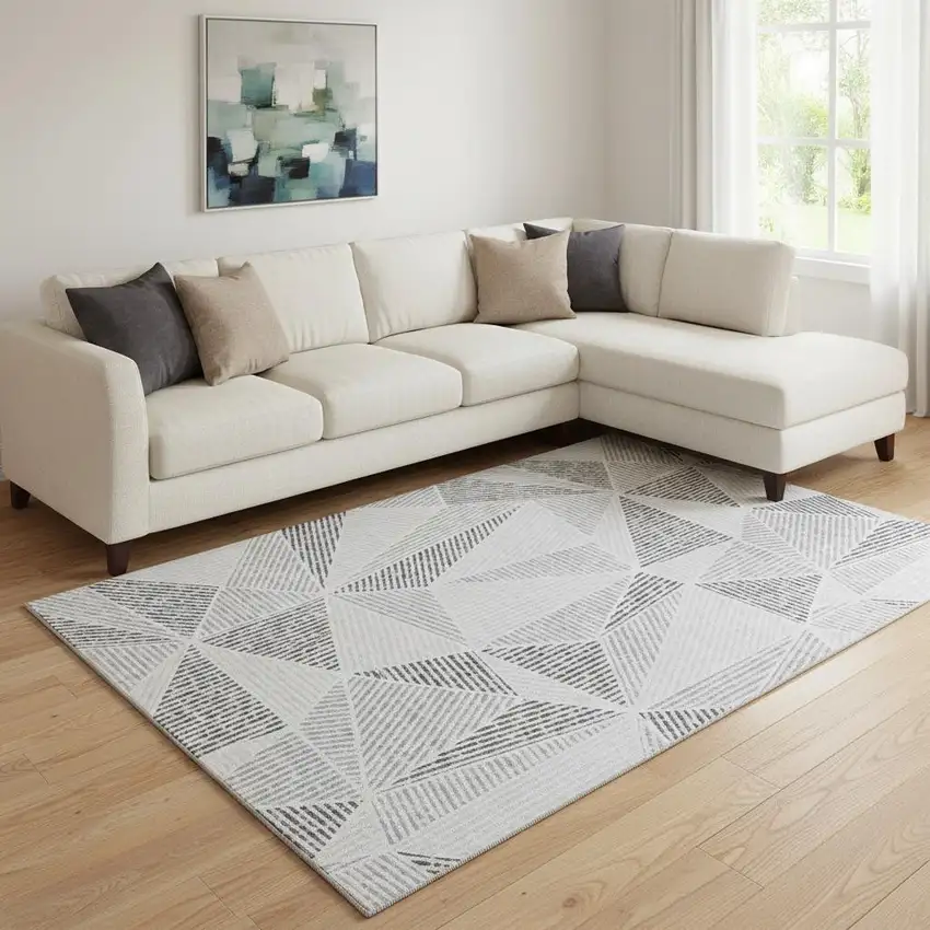 Gray And Silver Geometric Washable Area Rug With UV Protection Photo 2