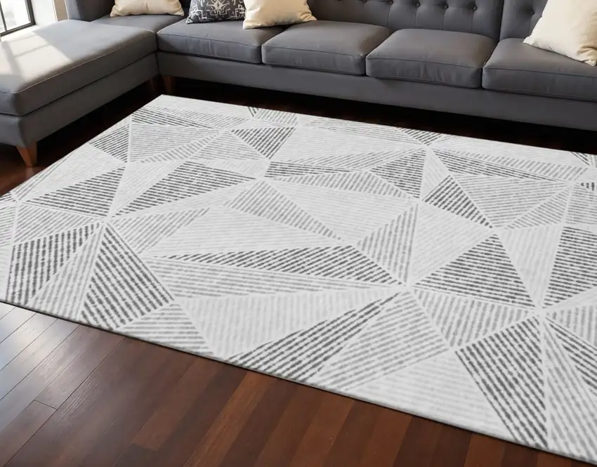 Gray And Silver Geometric Washable Area Rug With UV Protection Photo 2
