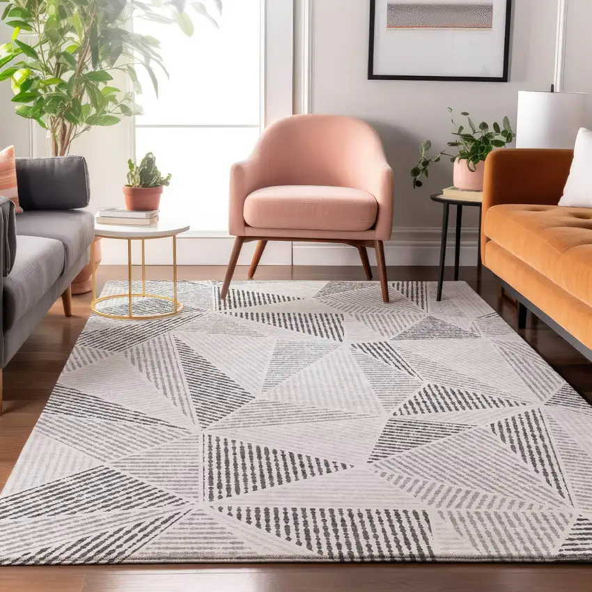 Gray And Silver Geometric Washable Area Rug With UV Protection Photo 5