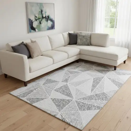 Gray And Silver Geometric Washable Area Rug With UV Protection Photo 3