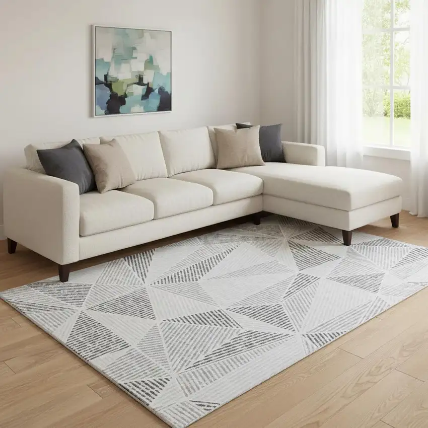 Gray And Silver Geometric Washable Area Rug With UV Protection Photo 1