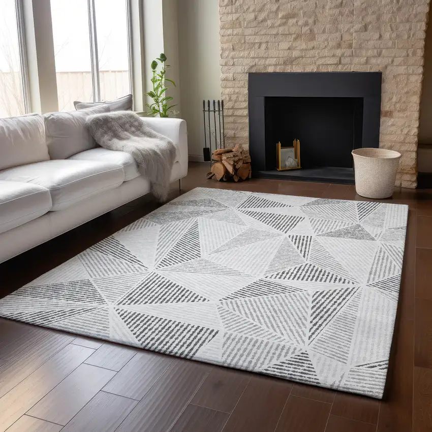 Gray And Silver Geometric Washable Area Rug With UV Protection Photo 6