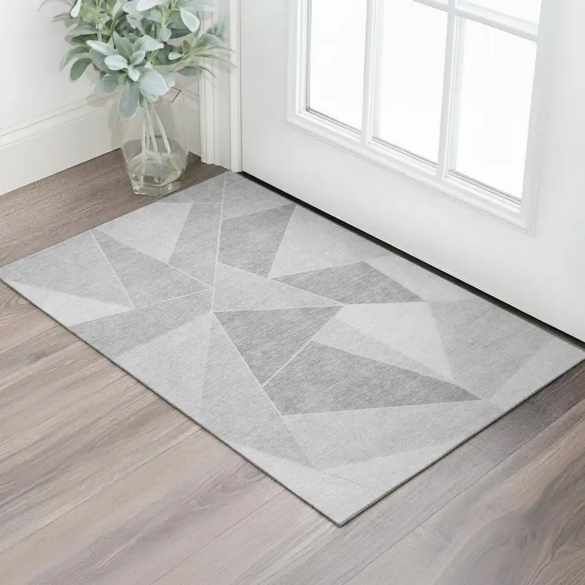 Gray And Silver Geometric Washable Area Rug With UV Protection Photo 1