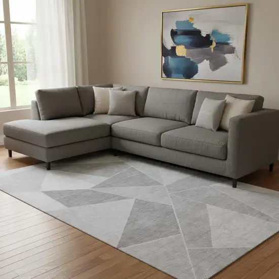 Gray And Silver Geometric Washable Area Rug With UV Protection Photo 1
