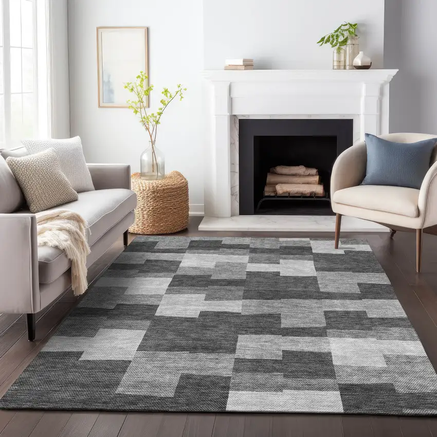 Gray And Silver Geometric Washable Area Rug With UV Protection Photo 3