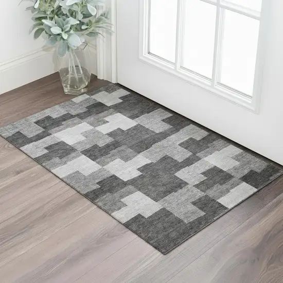 Gray And Silver Geometric Washable Area Rug With UV Protection Photo 1