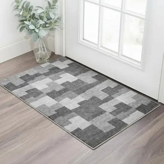 Gray And Silver Geometric Washable Area Rug With UV Protection Photo 2