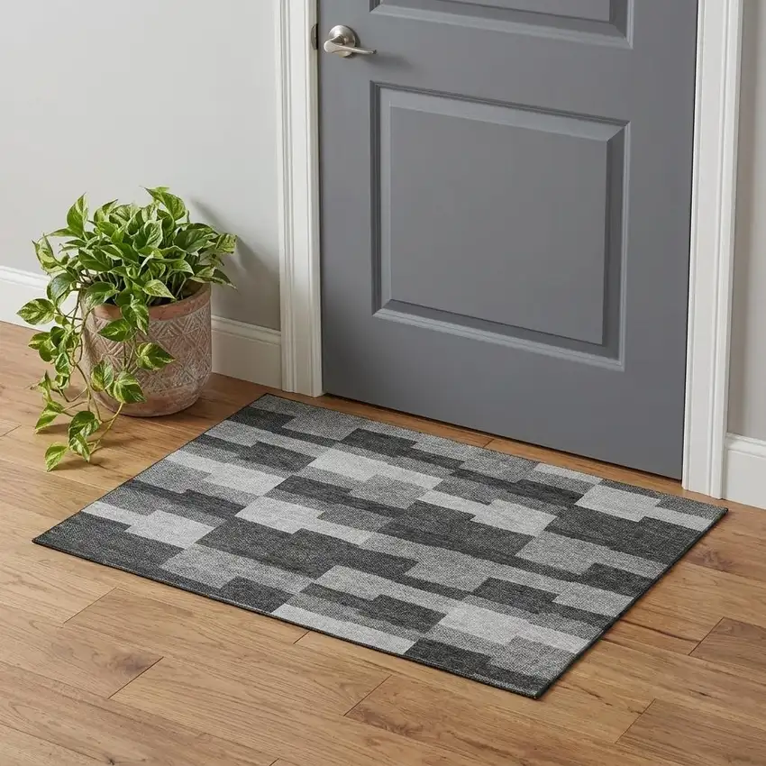 Gray And Silver Geometric Washable Area Rug With UV Protection Photo 1