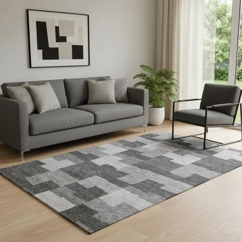 Gray And Silver Geometric Washable Area Rug With UV Protection Photo 1