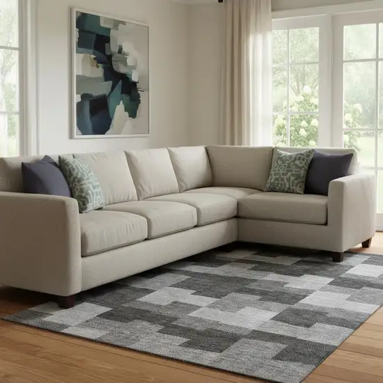 Gray And Silver Geometric Washable Area Rug With UV Protection Photo 1