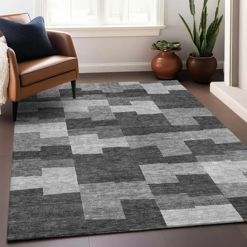 Gray And Silver Geometric Washable Area Rug With UV Protection Photo 7