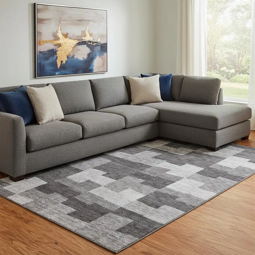 Gray And Silver Geometric Washable Area Rug With UV Protection Photo 1