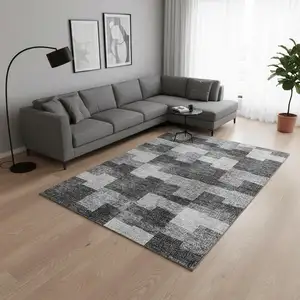 Photo of Gray And Silver Geometric Washable Area Rug With UV Protection