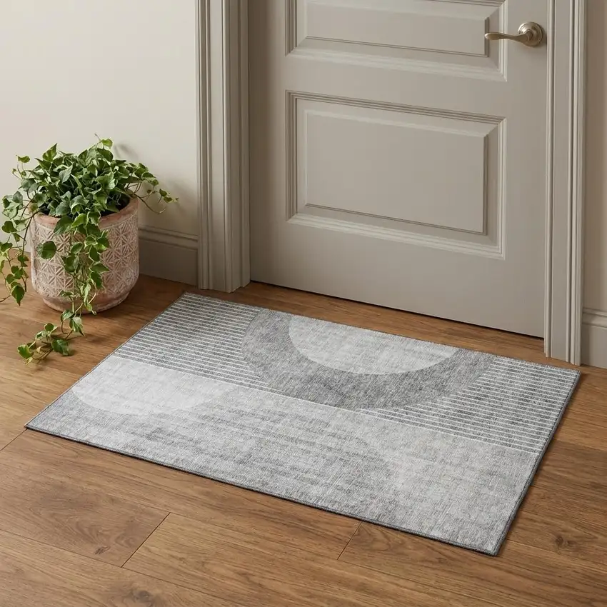 Gray And Silver Geometric Washable Area Rug With UV Protection Photo 1