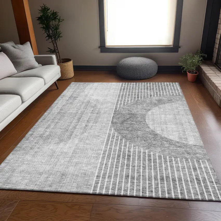 Gray And Silver Geometric Washable Area Rug With UV Protection Photo 5