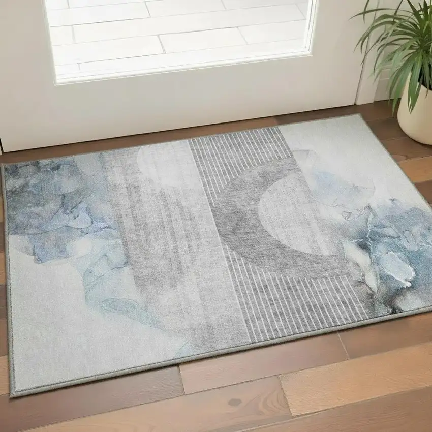 Gray And Silver Geometric Washable Area Rug With UV Protection Photo 3