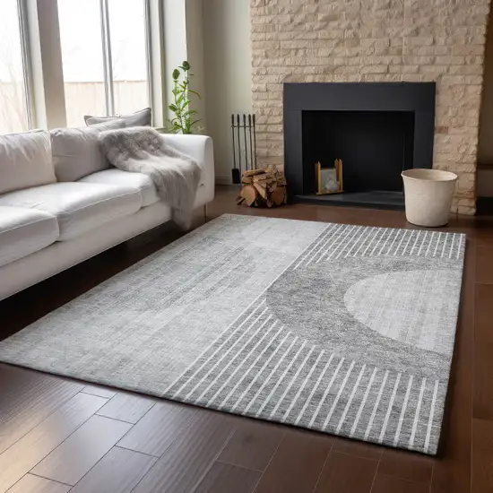 Gray And Silver Geometric Washable Area Rug With UV Protection Photo 6
