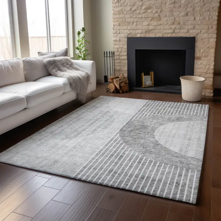 Gray And Silver Geometric Washable Area Rug With UV Protection Photo 6