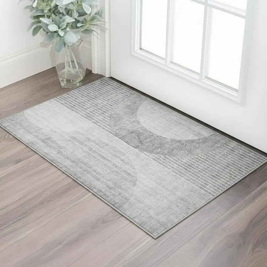 Gray And Silver Geometric Washable Area Rug With UV Protection Photo 2