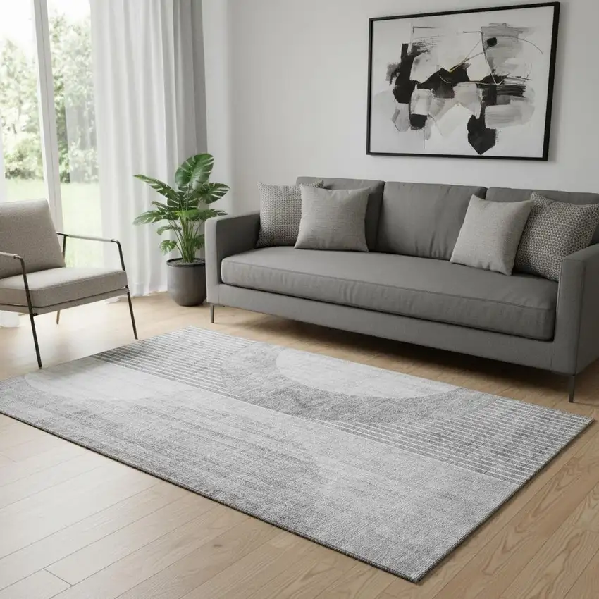 Gray And Silver Geometric Washable Area Rug With UV Protection Photo 1