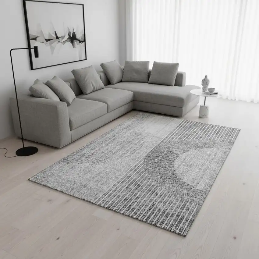 Gray And Silver Geometric Washable Area Rug With UV Protection Photo 1