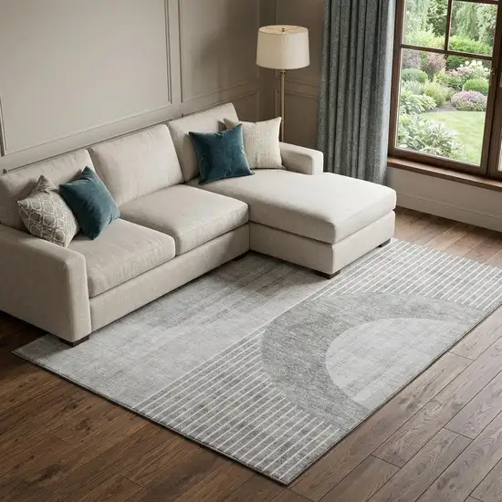 Gray And Silver Geometric Washable Area Rug With UV Protection Photo 1