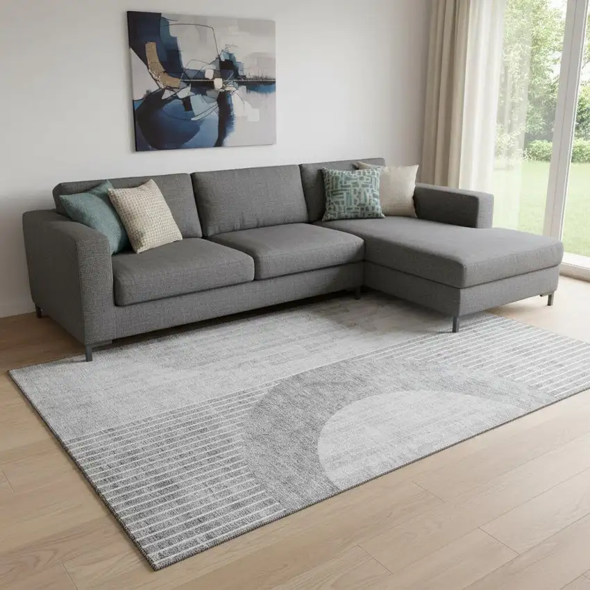 Gray And Silver Geometric Washable Area Rug With UV Protection Photo 1