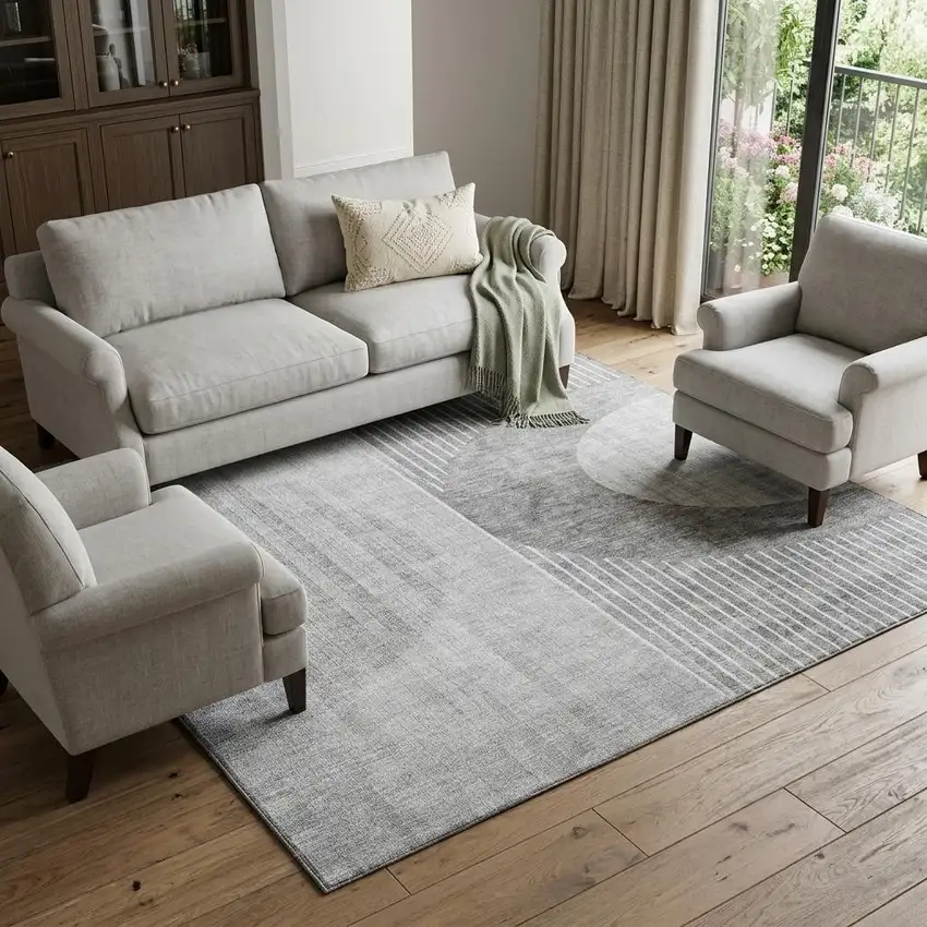 Gray And Silver Geometric Washable Area Rug With UV Protection Photo 1