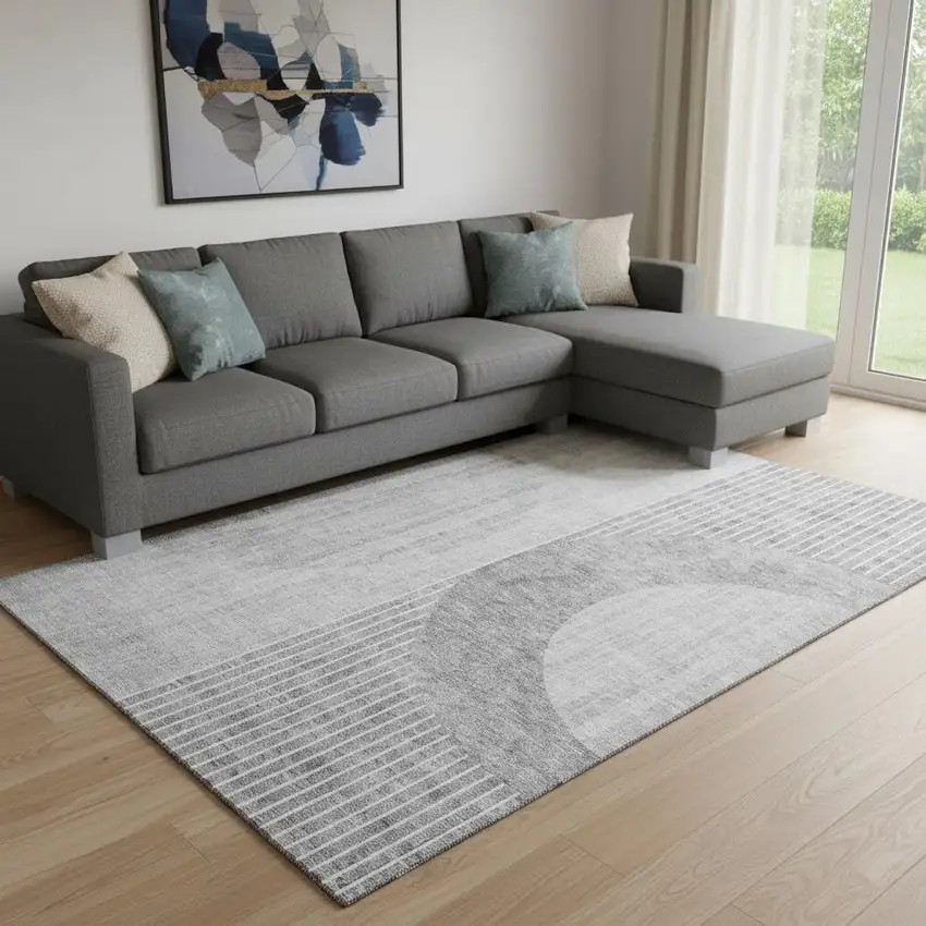 Gray And Silver Geometric Washable Area Rug With UV Protection Photo 1