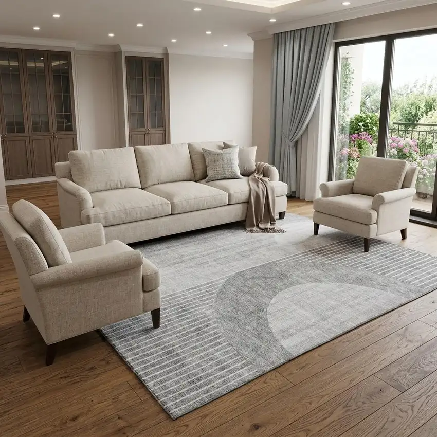 Gray And Silver Geometric Washable Area Rug With UV Protection Photo 1