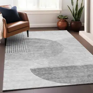 Photo of Gray And Silver Geometric Washable Area Rug With UV Protection