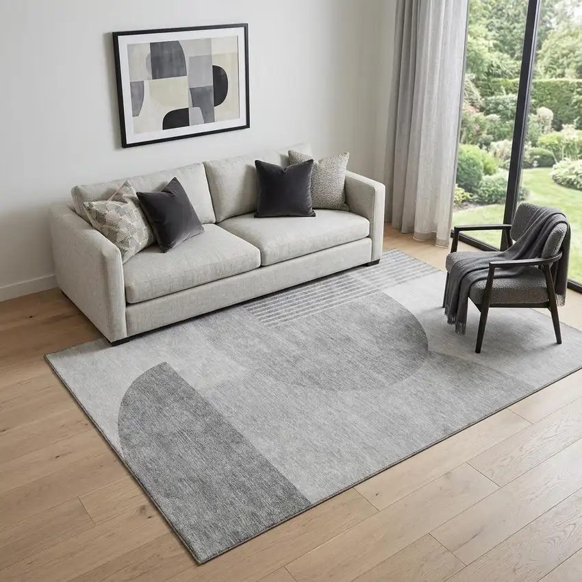 Gray And Silver Geometric Washable Area Rug With UV Protection Photo 1